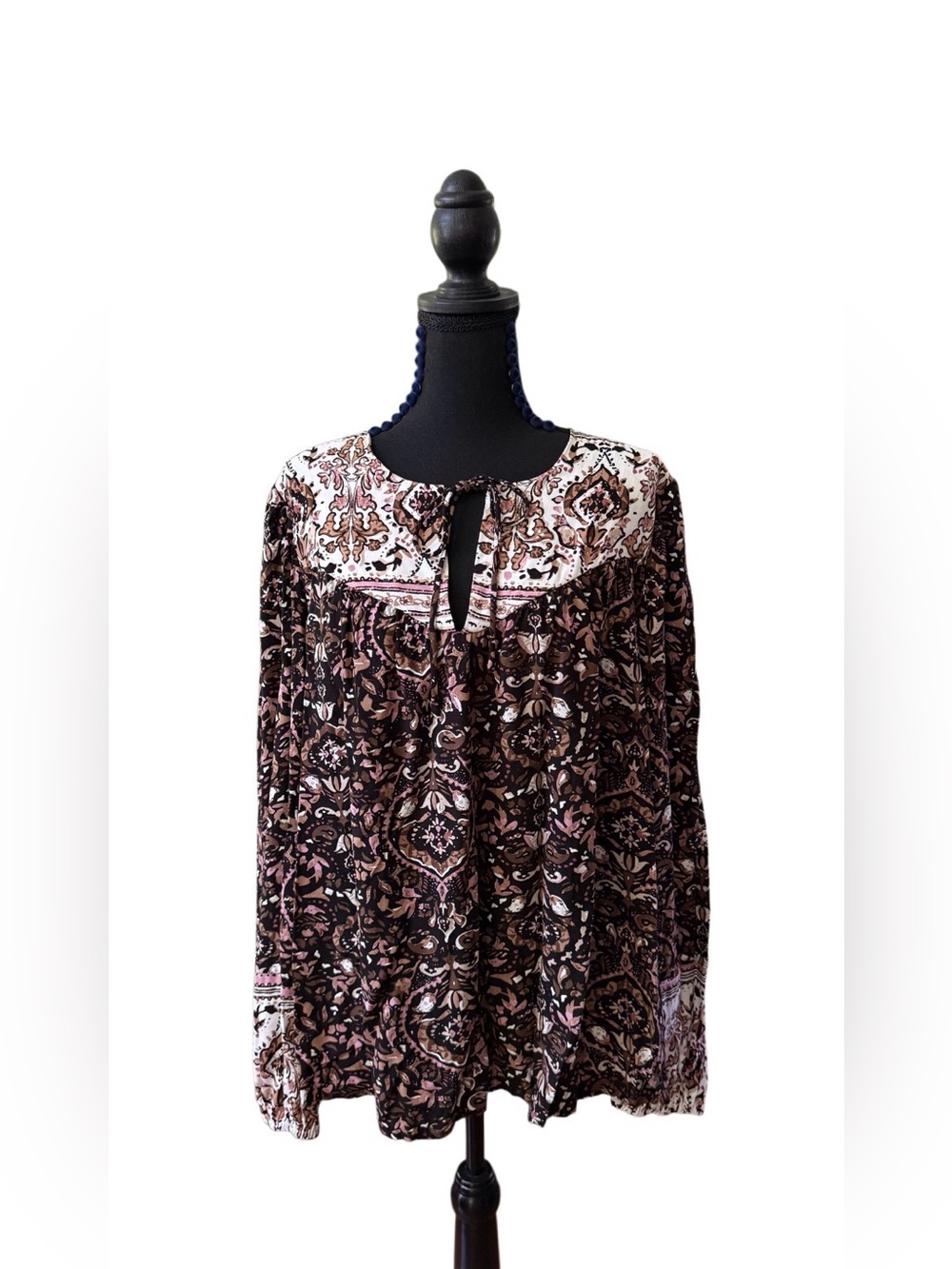 LA Threads Boho Floral Paisley Rayon Peasant Top - Black, Brown & Pink